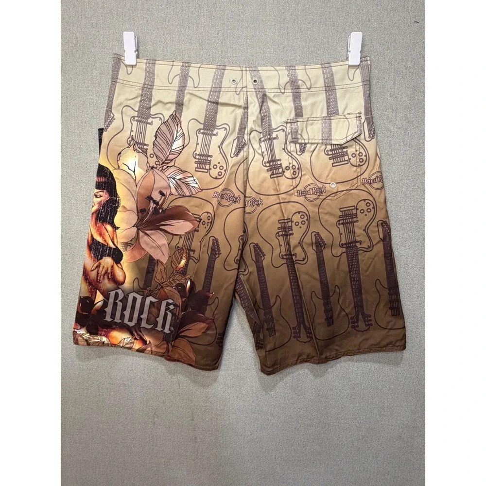 NWT Hard‎ Rock Cafe Mens Vintage Surf Pinup Boardshorts Brown Guitar Print SZ 36